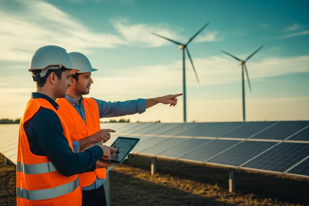 Two renewable energy engineers in hard hats reviewing interconnection and single-line drawings at a utility-scale solar field with wind turbines on the horizon