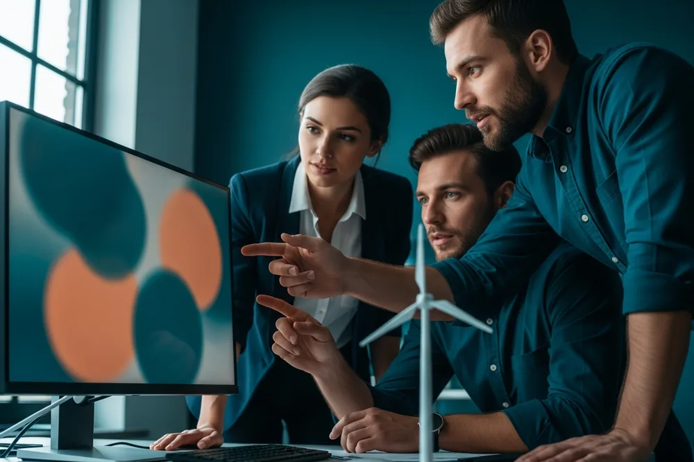 Team of three renewable energy engineers collaborating around a shared monitor reviewing wind turbine load data and battery storage schematics in a modern engineering office
