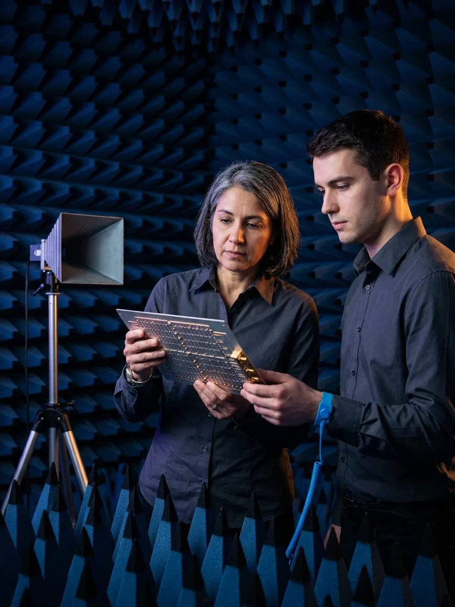 Senior RF engineer and antenna engineer examining a phased-array antenna panel inside a microwave anechoic test chamber