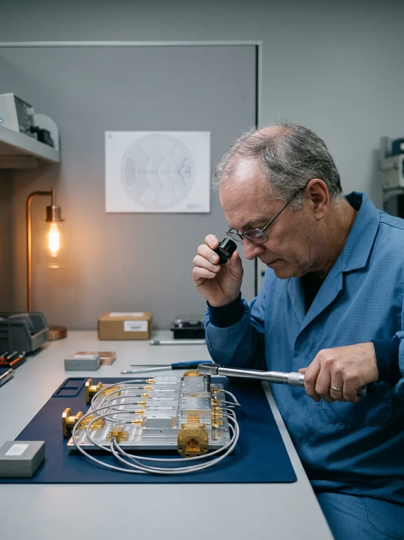 Microwave engineer using a loupe to inspect a phased-array radar module with gold waveguide flanges and coaxial cables on an anti-static bench