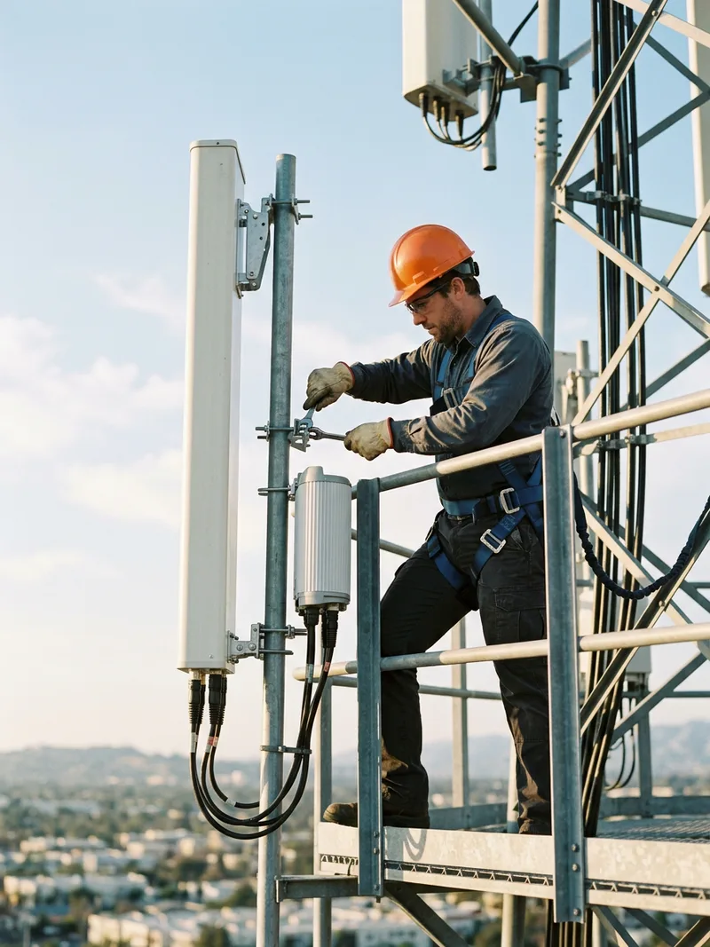 RF field engineer in a hard hat adjusting the down-tilt on a 5G panel antenna and remote radio unit at the top of a cellular tower