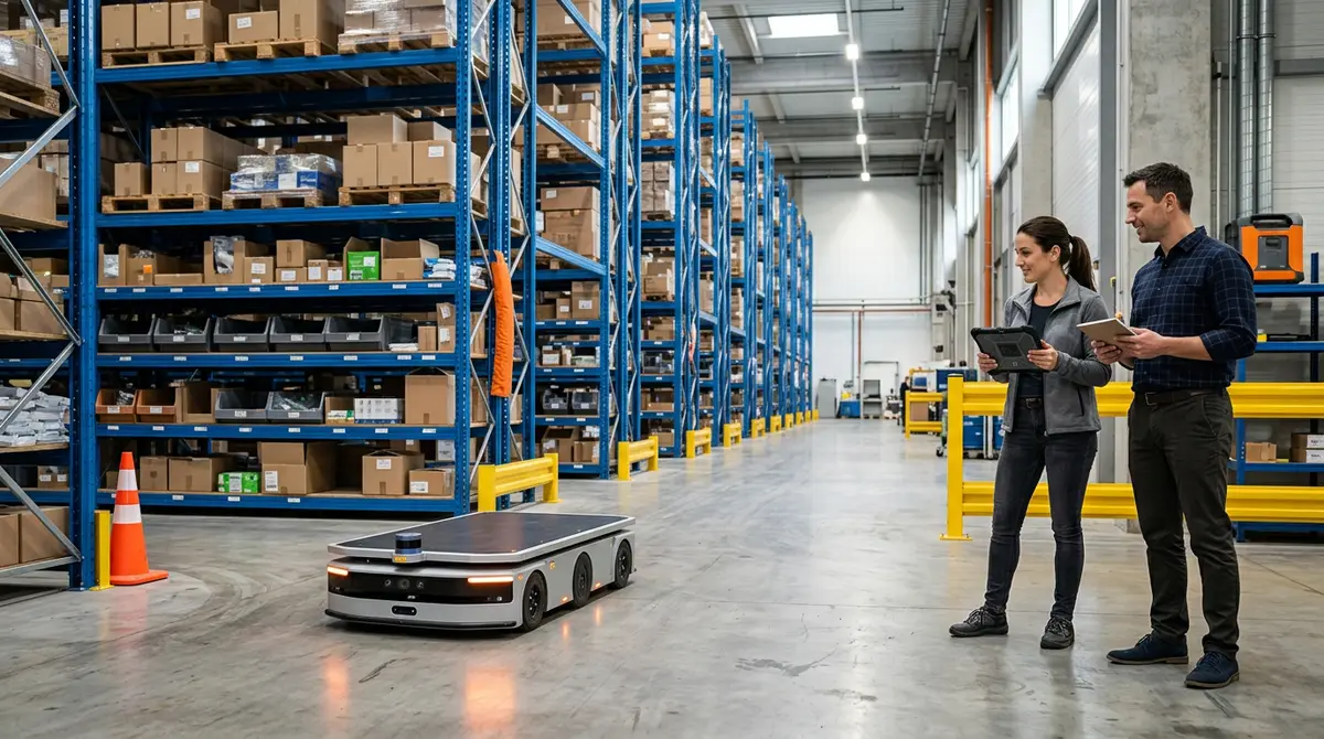 Mobile robot navigating a warehouse aisle with engineers observing performance metrics