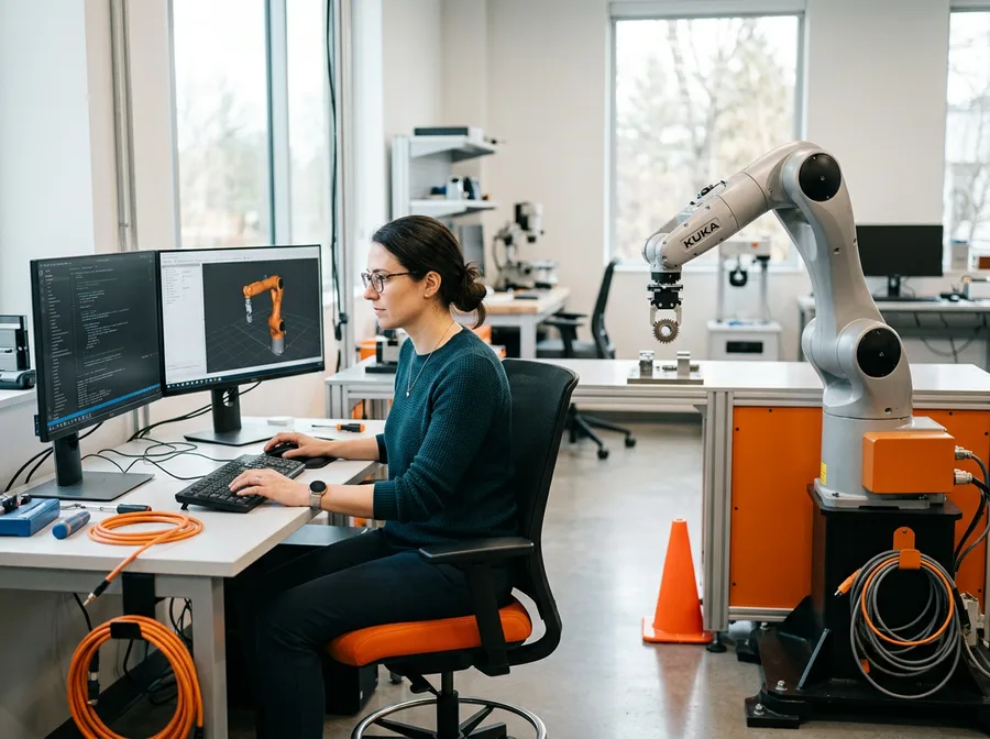 Robotics engineer programming a six-axis industrial robotic arm in a clean lab environment