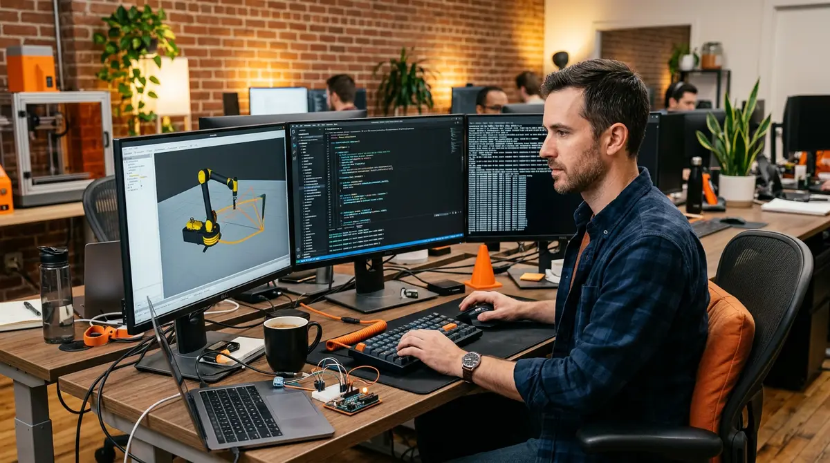 Robotics software engineer writing ROS motion planning code on multiple monitors