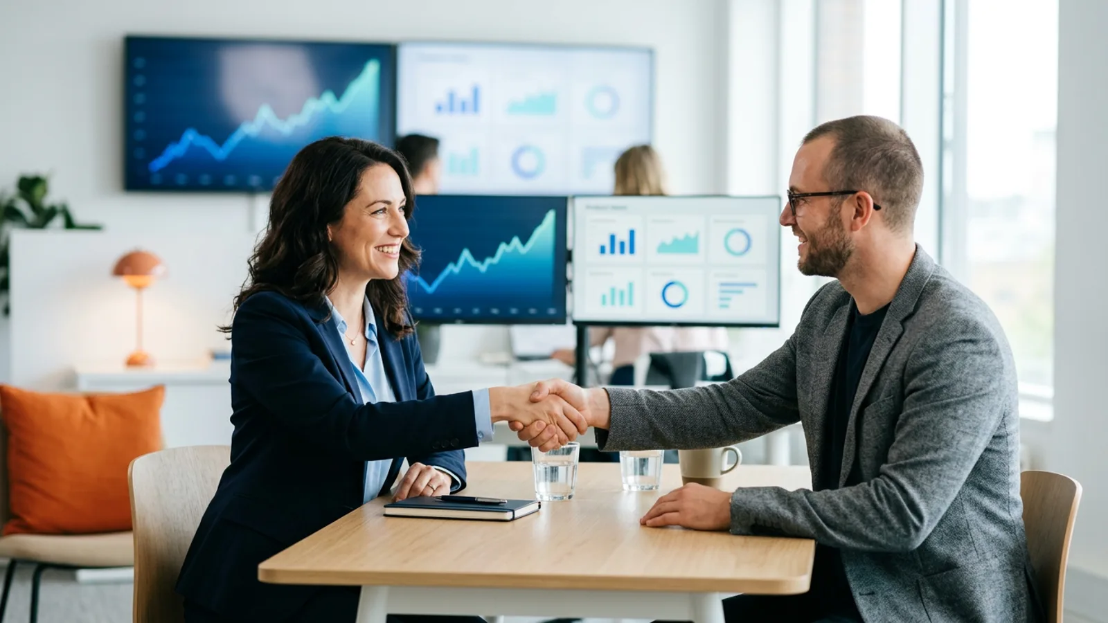 KORE1 SaaS recruiter shaking hands with a software product candidate in a bright modern office with product growth dashboards on screen