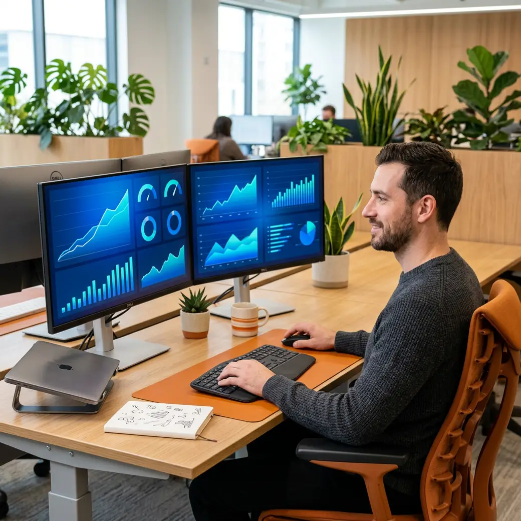SaaS product professional placed by KORE1 recruiters working confidently at a modern dual-monitor workstation