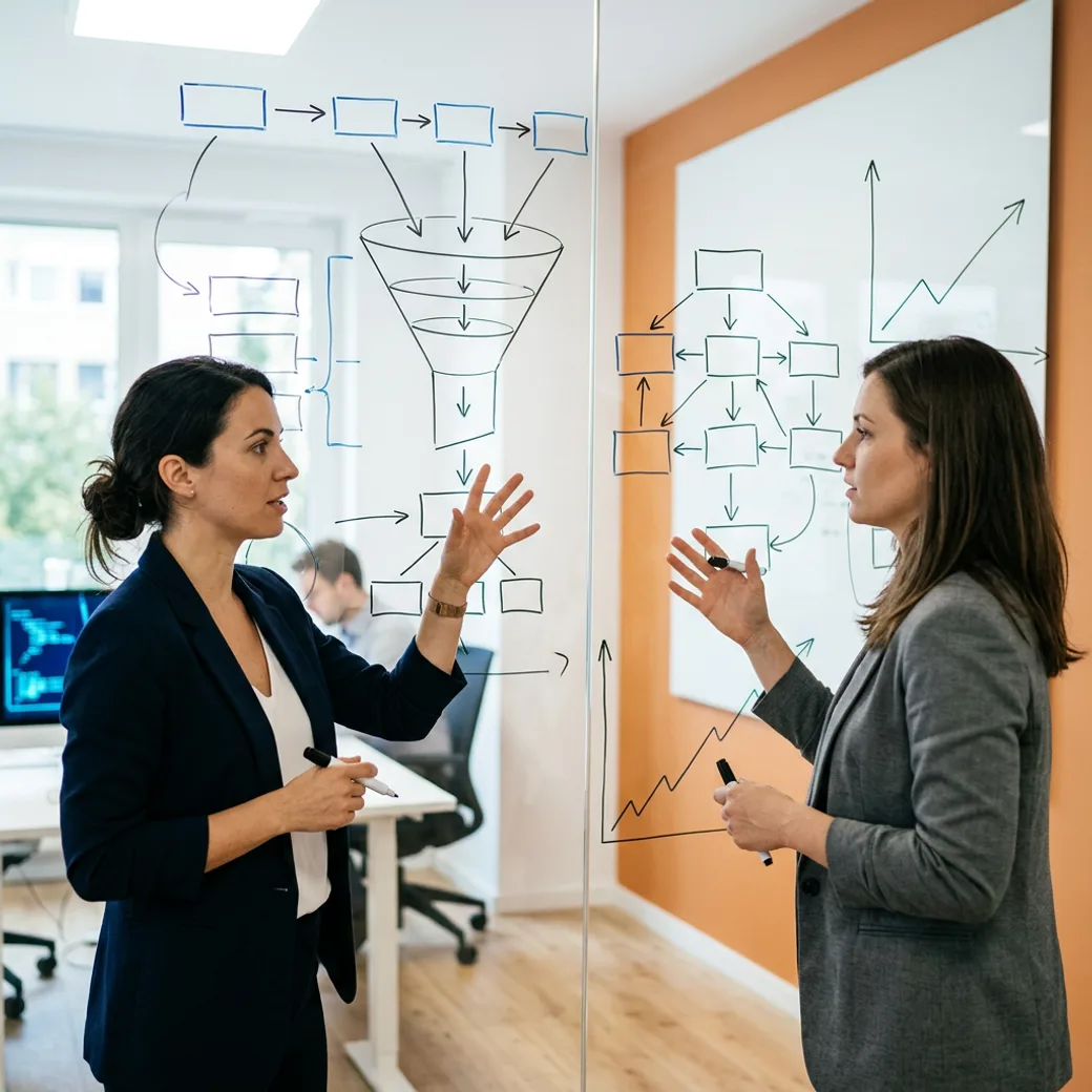 Two KORE1 recruiters comparing notes on SaaS candidates at a whiteboard showing a product growth funnel in a modern office