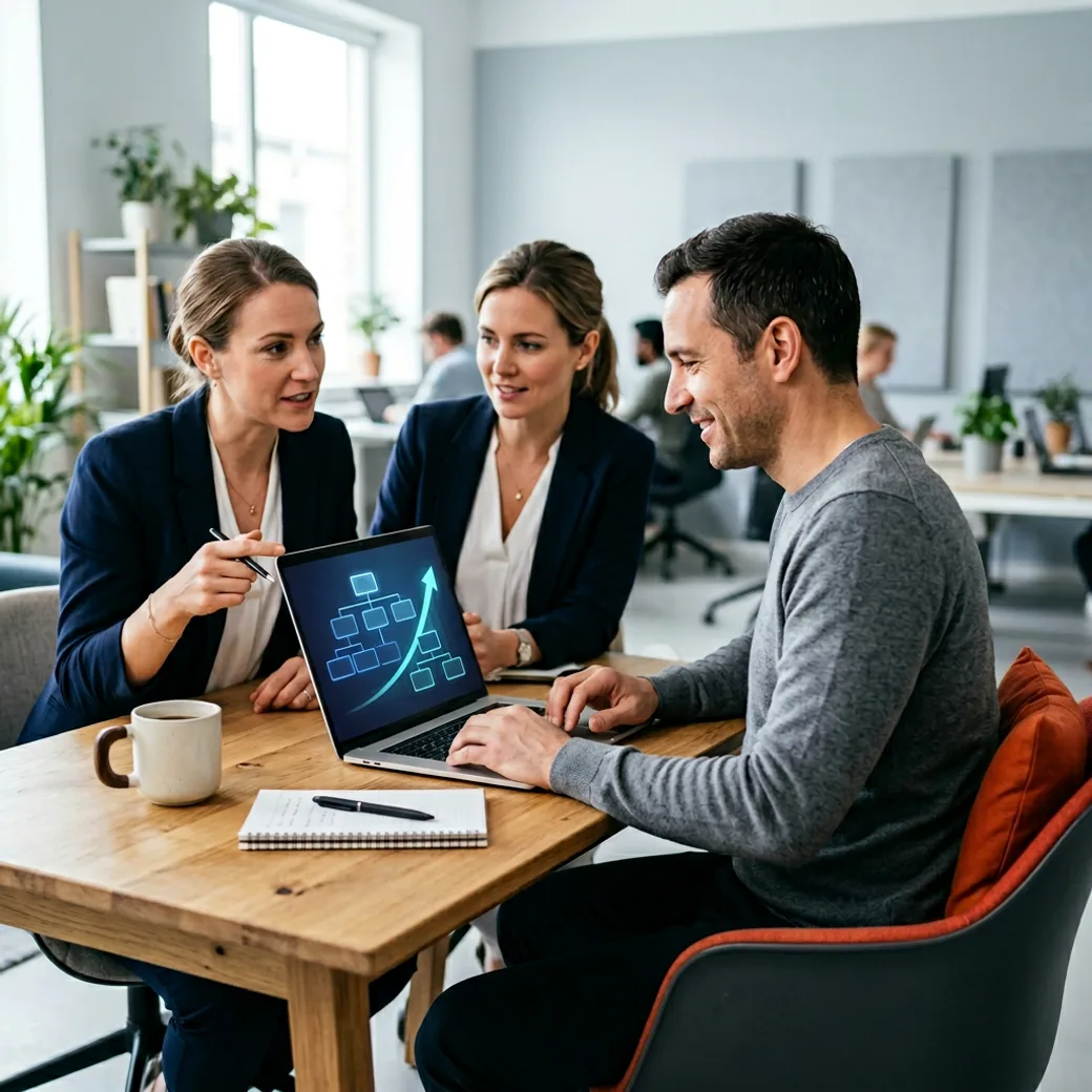 KORE1 SaaS recruiter talking through an org plan with a SaaS founder across a table in a modern office