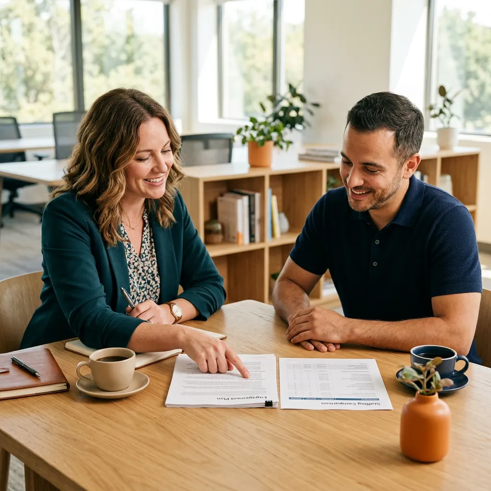 A KORE1 SaaS staffing advisor walking a software founder through contract, contract-to-hire, and direct hire options on a printed plan in a modern office