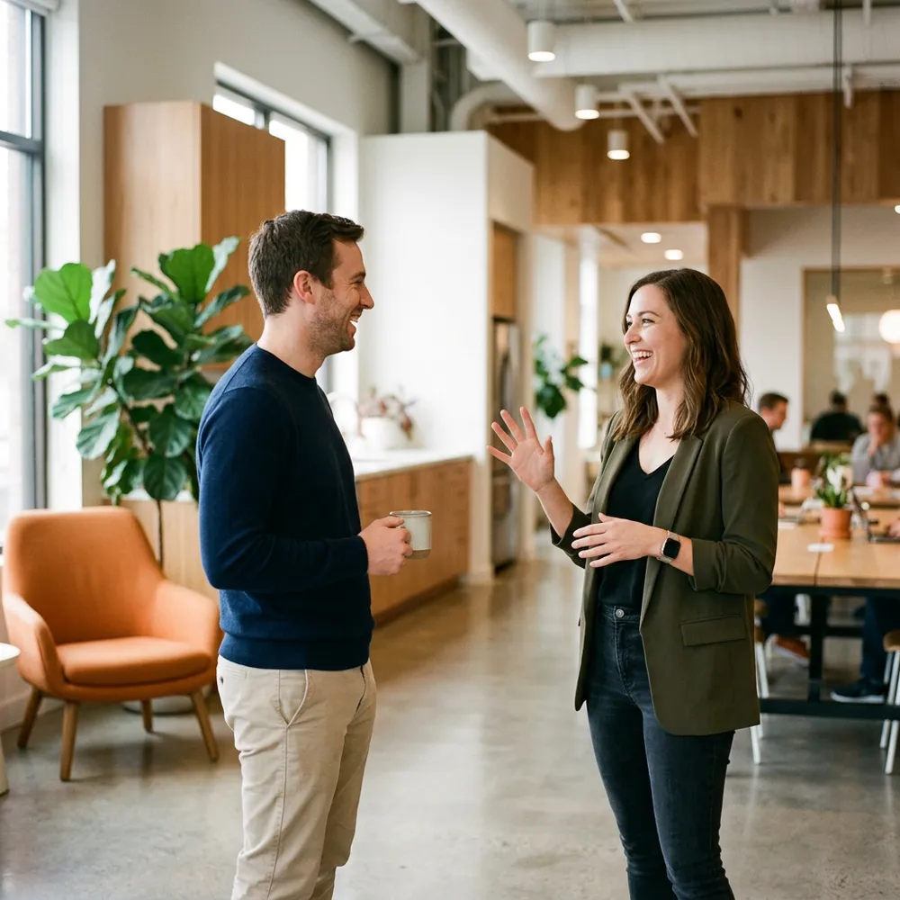 A confident software professional placed by KORE1 SaaS staffing standing in a bright modern collaborative office mid-conversation with teammates