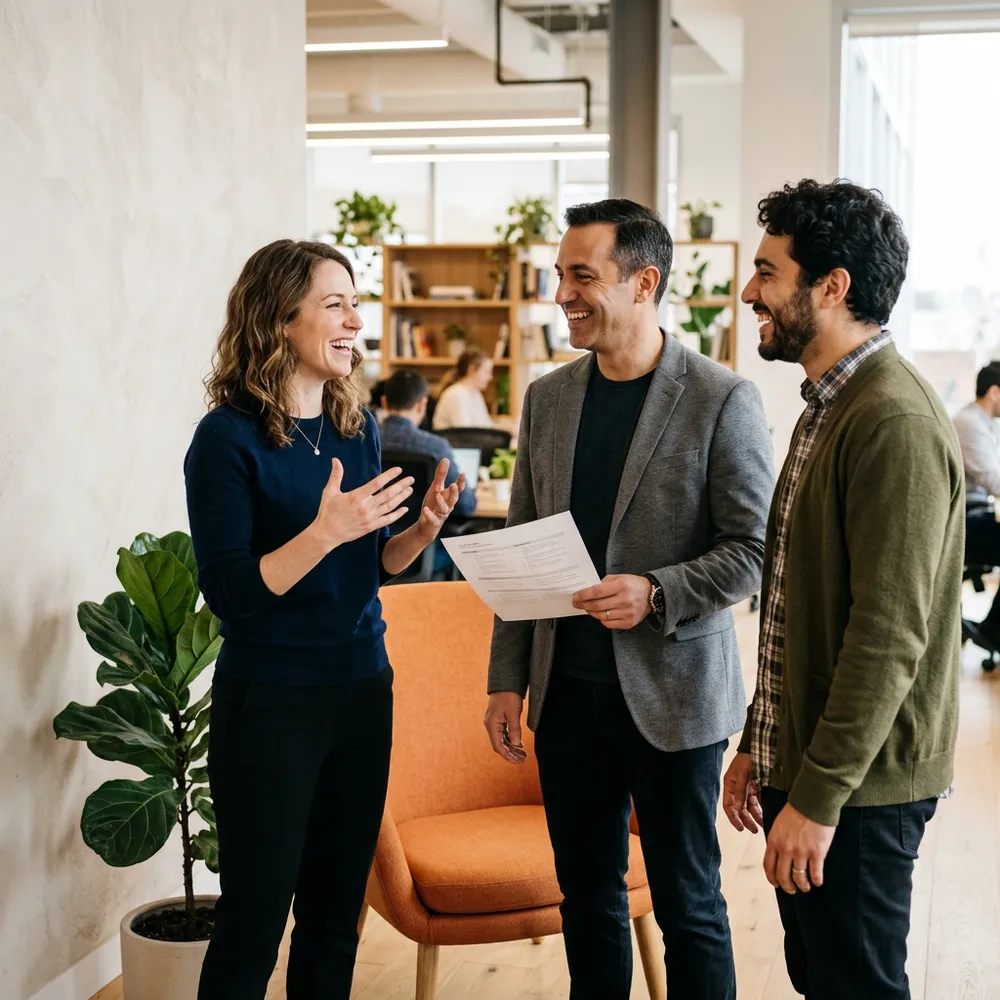 A cross-functional SaaS team of engineering, product, and go-to-market hires placed by KORE1 talking through a printed plan at a table in a bright modern office