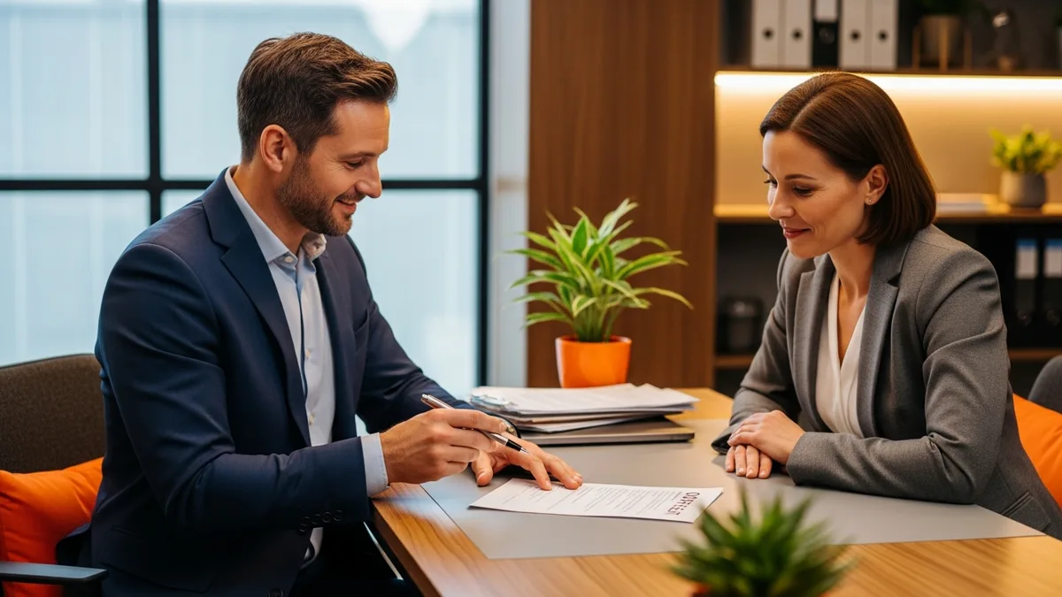 Hiring manager and recruiter reviewing a benchmarked salary offer at a desk