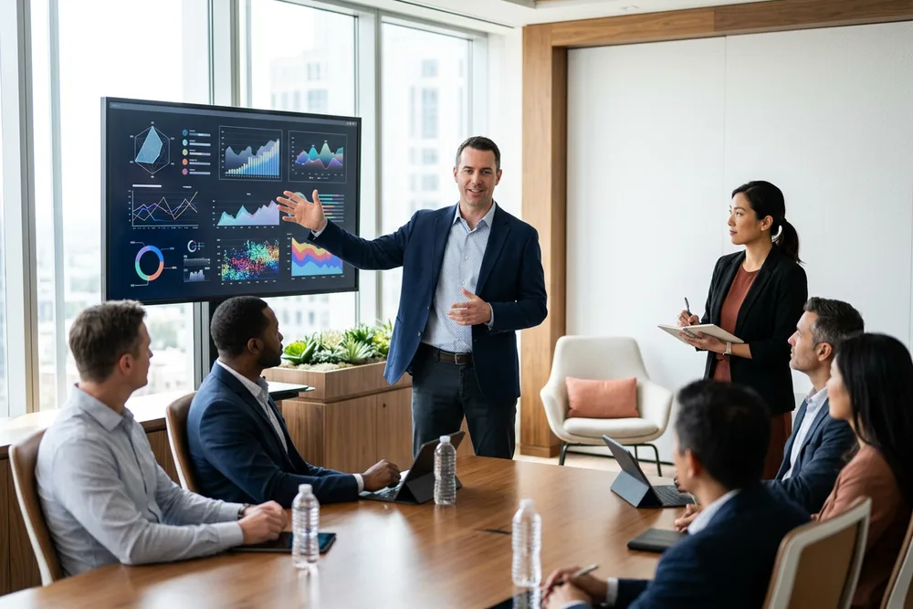 Sales engineer running a live product demo on a large screen for an enterprise buying committee while a female account executive takes notes in a modern customer briefing room