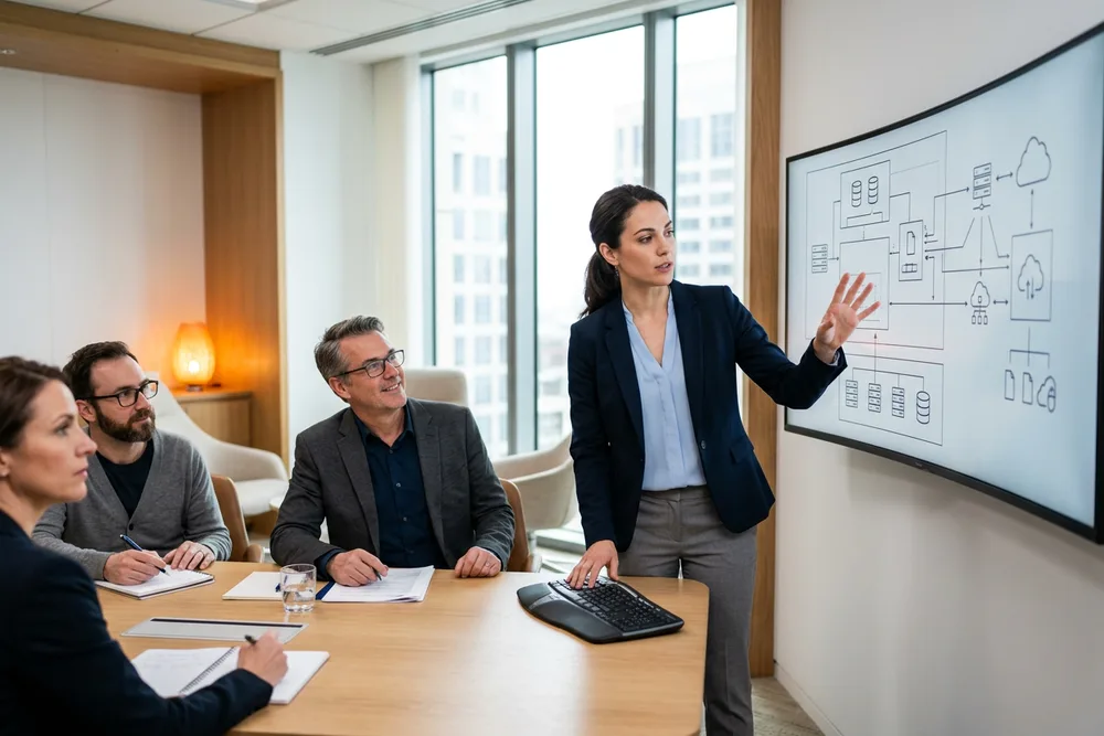 Senior sales engineer demonstrating a SaaS platform architecture on a wide monitor to a customer technical evaluation team in a modern conference room with an orange accent lamp