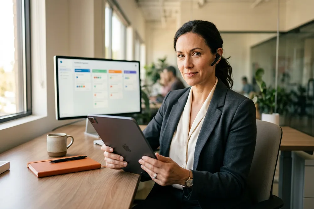 Experienced KORE1 senior technical recruiter wearing a headset reviewing a sales engineer candidate scorecard with demo recordings and POC outcomes on a tablet