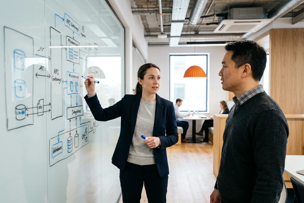 Solutions consultant whiteboarding an enterprise reference architecture with API and SSO integration diagrams during a customer pre-sales discovery workshop