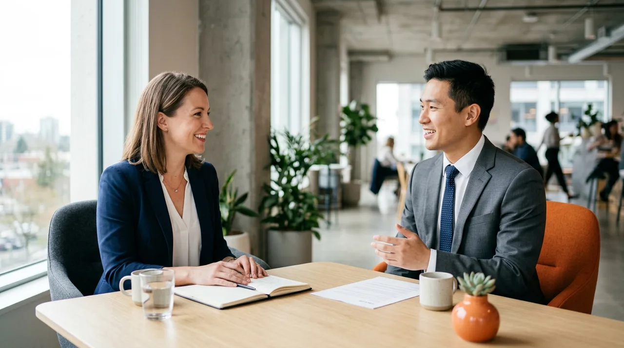 KORE1 sales recruiter interviewing a confident account executive candidate in a bright modern office