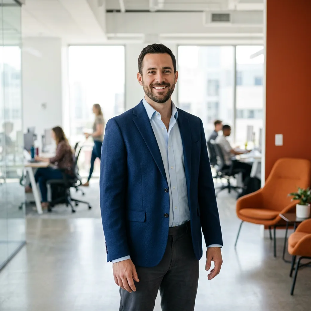Account executive placed by KORE1 sales recruiters standing confidently in a modern office