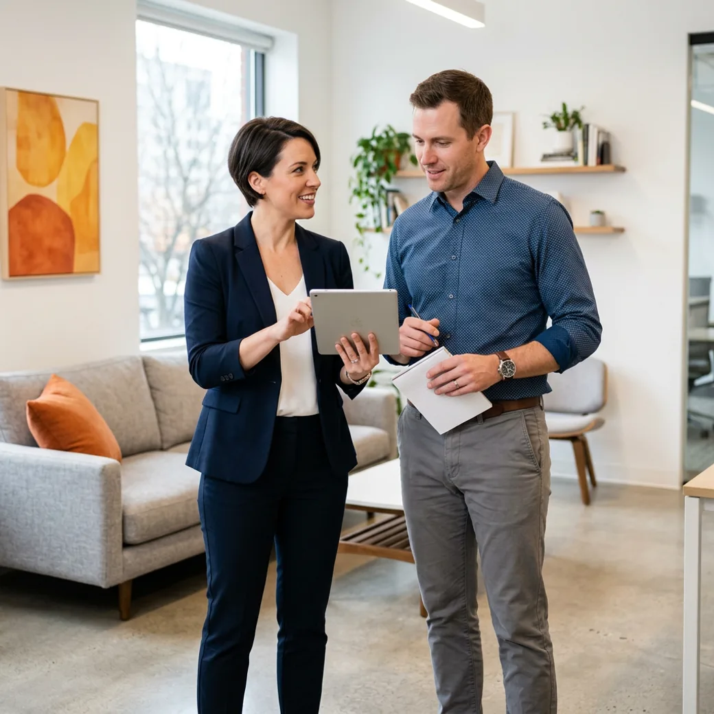 Two KORE1 recruiters comparing notes on sales candidates in a bright office