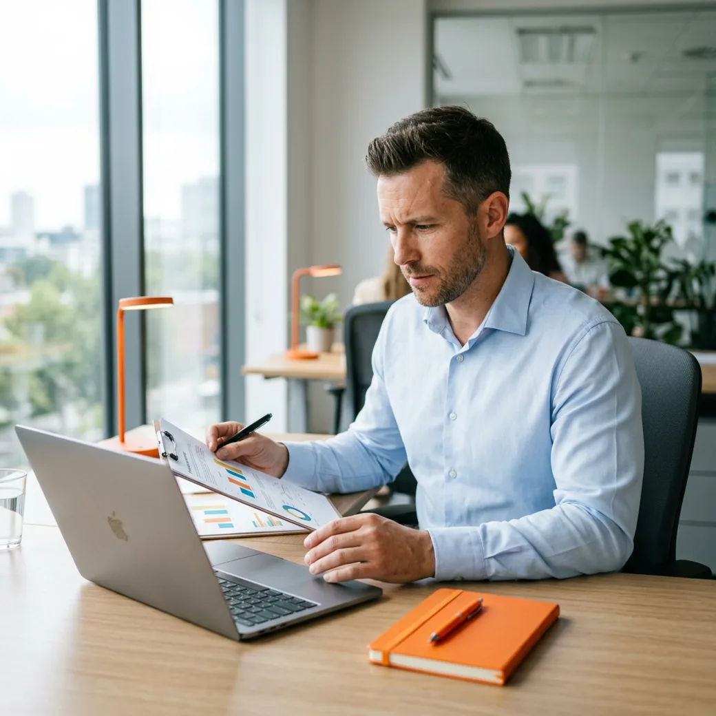 KORE1 sales recruiter reviewing a candidate's quota attainment history at a desk