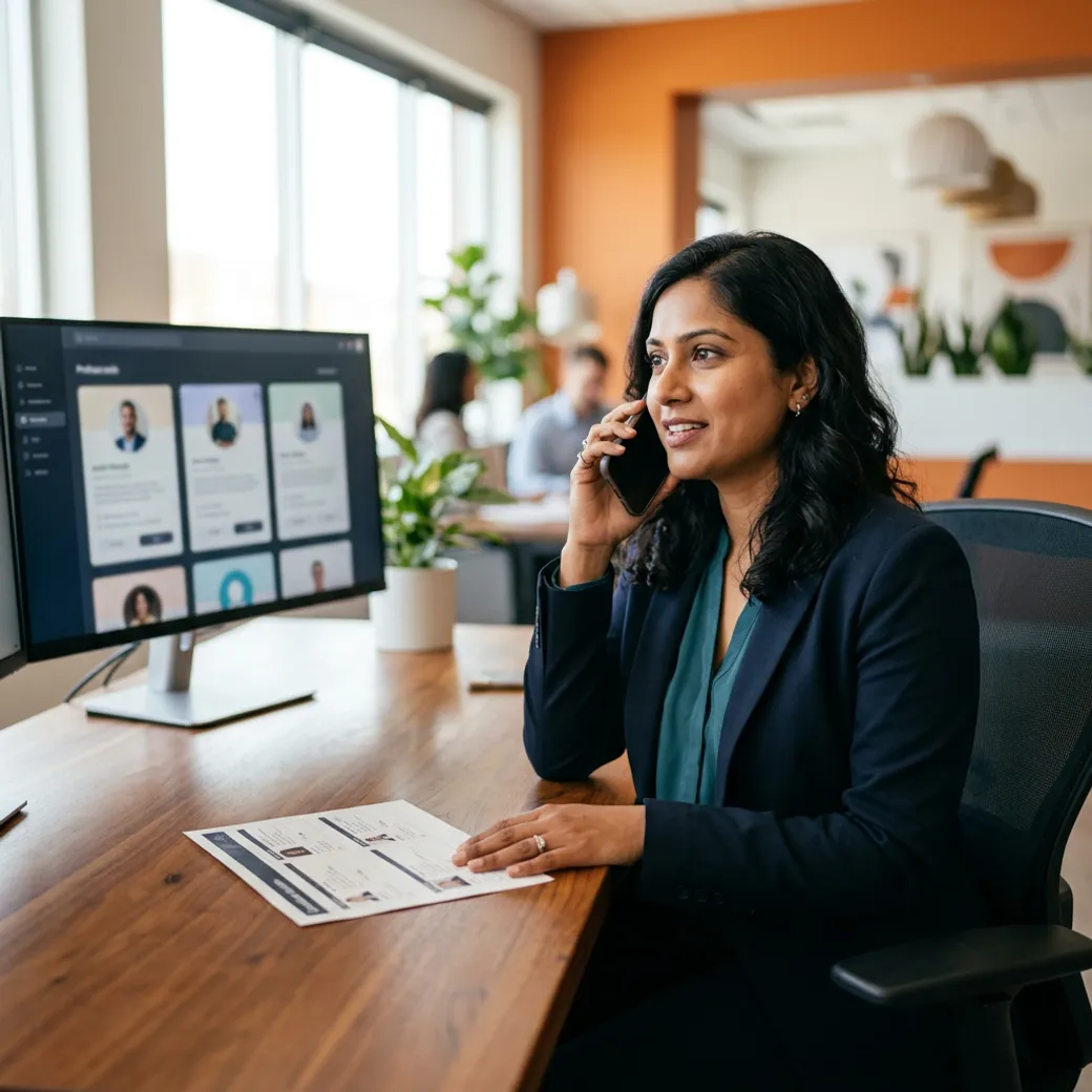 A KORE1 Salesforce recruiter working the talent bench on a phone call with a candidate roster on the desk