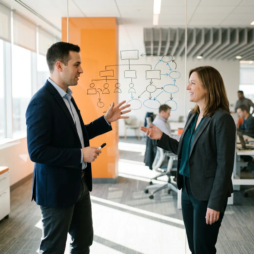 A KORE1 Salesforce recruiter and a hiring manager scoping a Salesforce role at a glass whiteboard