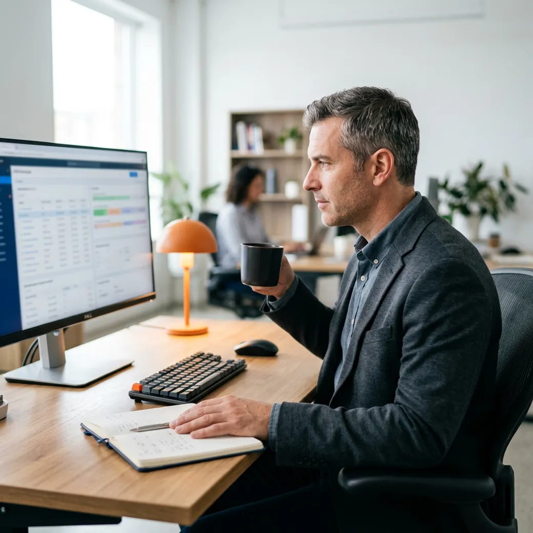 A KORE1 Salesforce recruiter reviewing a candidate Salesforce profile and certifications on a desktop monitor