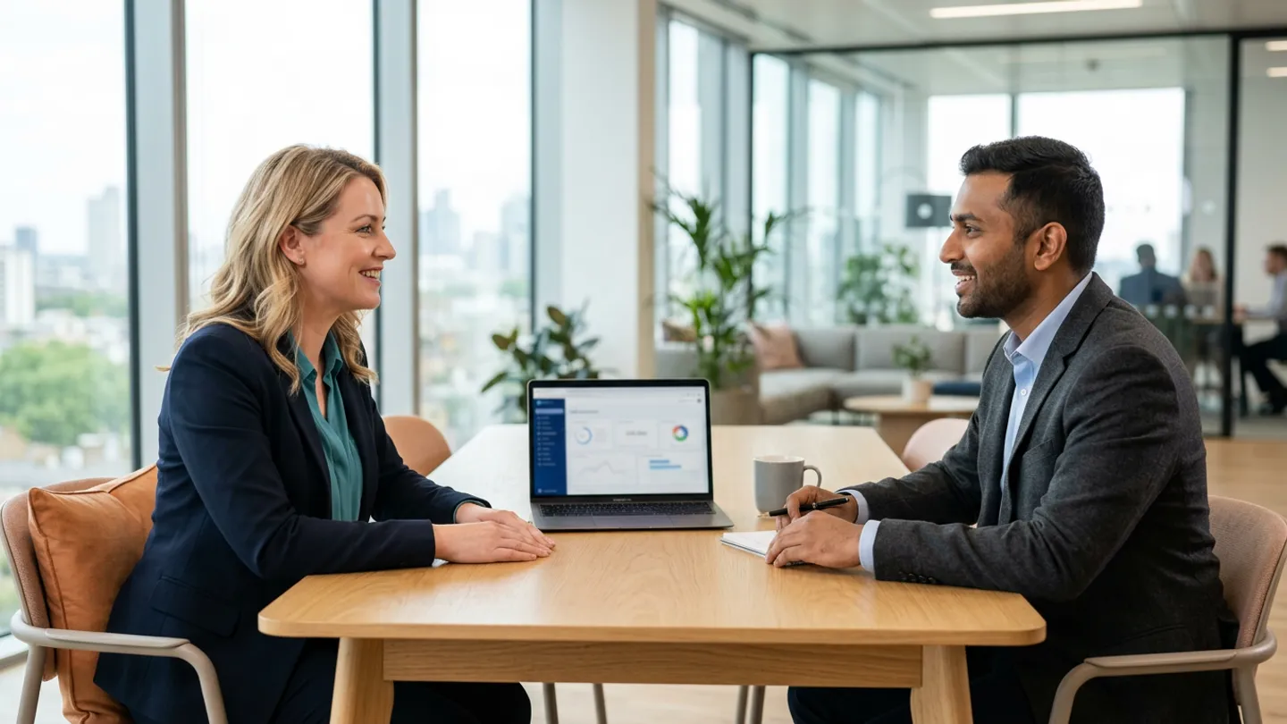 A KORE1 Salesforce recruiter meeting a Salesforce consultant candidate across a table in a bright modern office