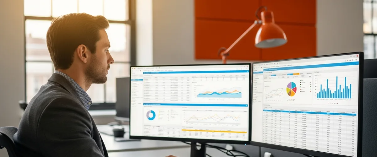 SAP consultant reviewing enterprise ERP dashboards at a modern corporate workstation