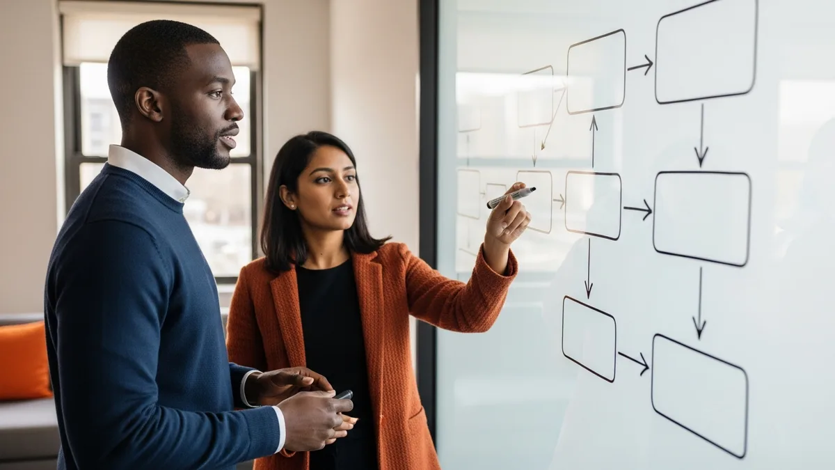 Two SAP consultants mapping an S/4HANA migration process flow on a glass whiteboard during planning
