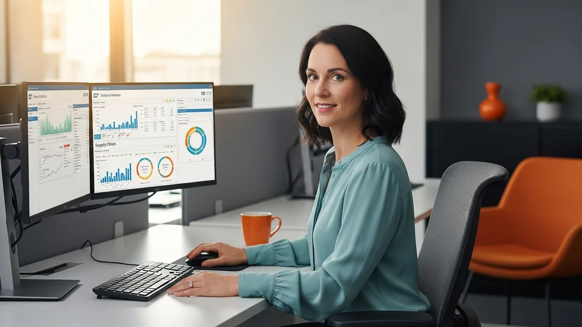 SAP consultant reviewing S/4HANA financial and supply-chain dashboards on dual monitors at a workstation
