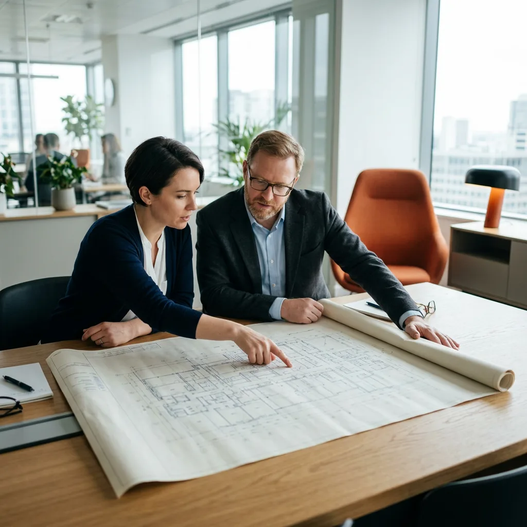 Two security architects reviewing an enterprise architecture blueprint, hired through KORE1