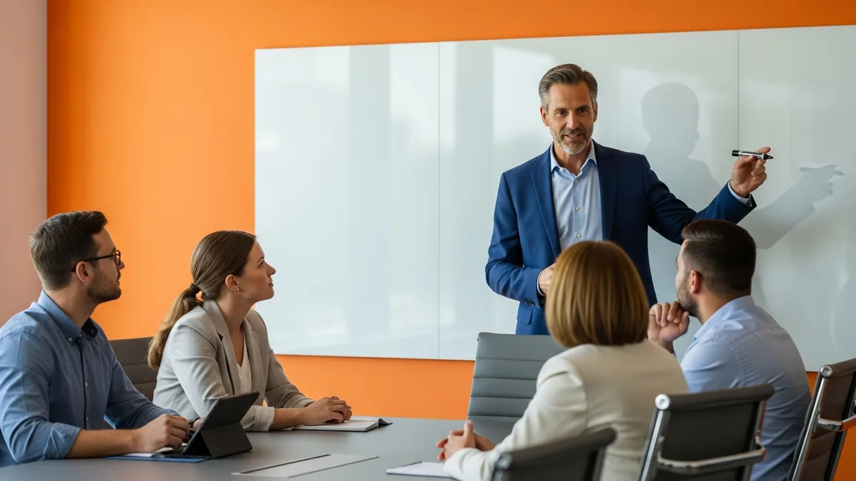 Senior AI product manager leading a strategy session at a whiteboard with the product team