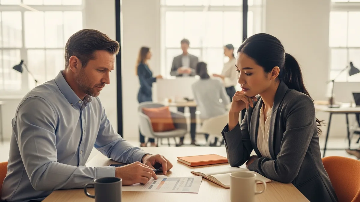 Hiring manager and KORE1 recruiter reviewing a senior data engineer compensation band across a conference table