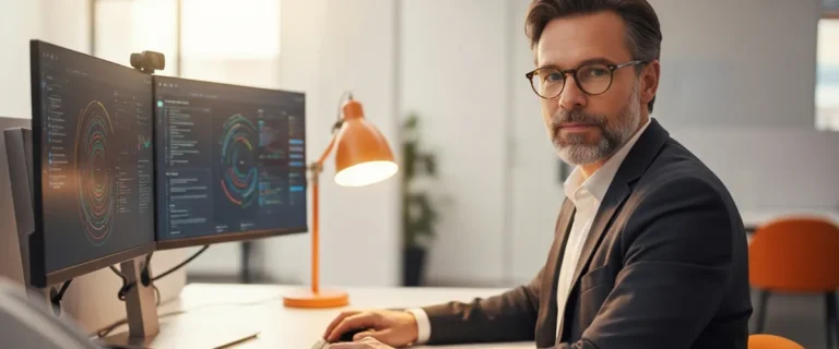 Senior data engineer reviewing data pipeline dashboards on dual monitors in a modern office