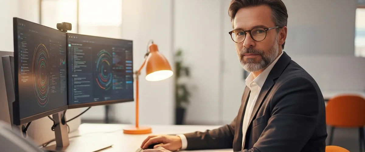 Senior data engineer reviewing data pipeline dashboards on dual monitors in a modern office