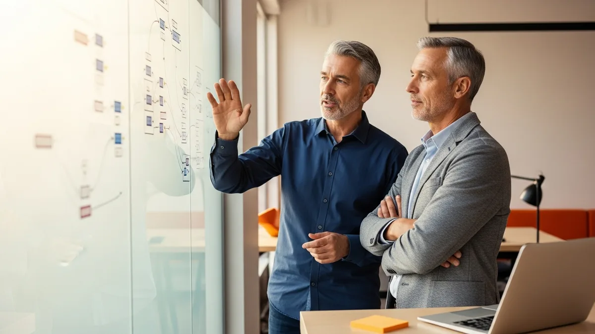 Two senior data engineers at a glass whiteboard mapping a streaming data platform architecture