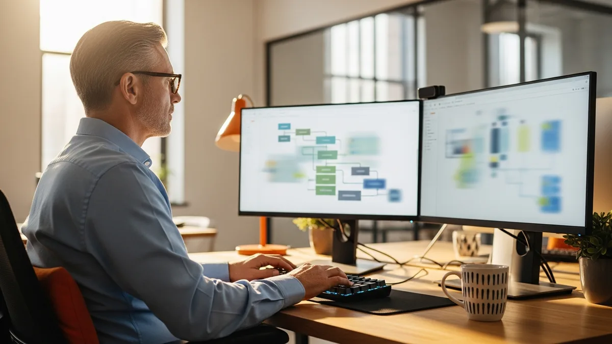 Senior data engineer at a dual-monitor workstation studying a data pipeline architecture diagram