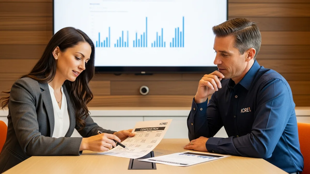 Engineering hiring manager and KORE1 recruiter reviewing a senior data scientist compensation band across a conference table