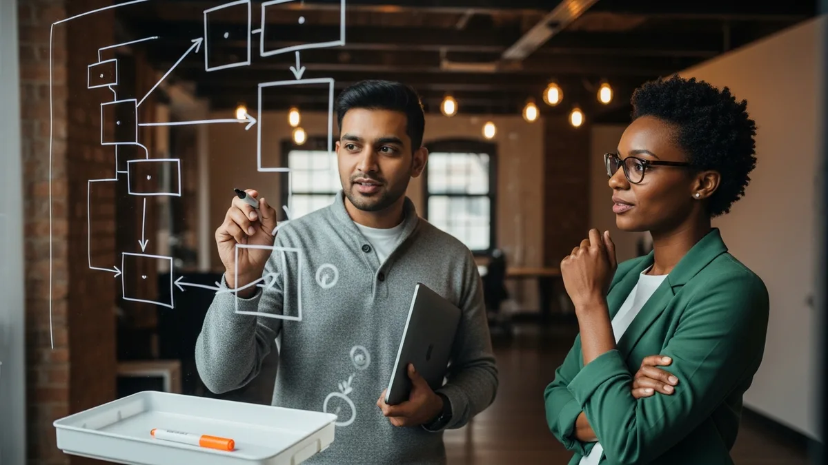 Two senior data scientists collaborating at a glass whiteboard mapping out a machine learning model architecture