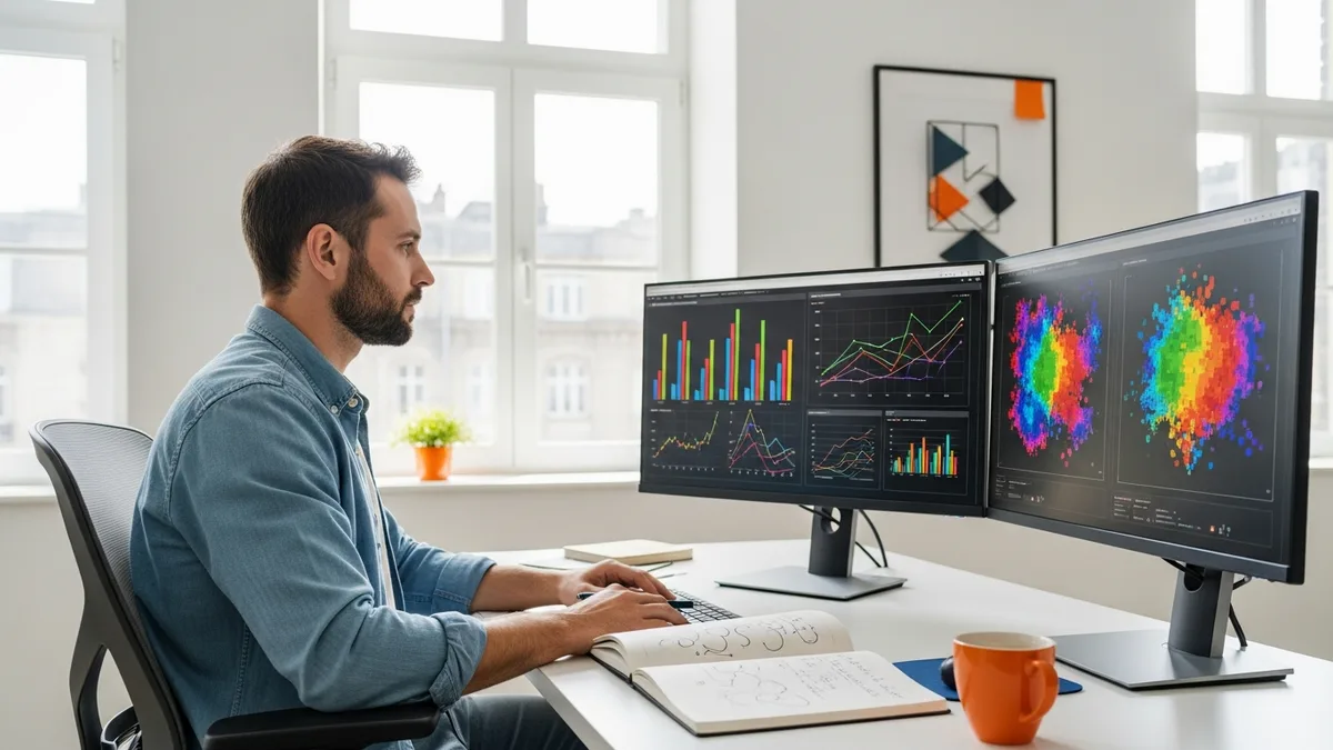 Senior data scientist at a workstation reviewing model evaluation metrics on dual monitors in a modern tech office