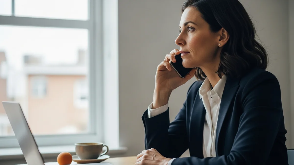 Hiring manager on a reference phone call at a desk by a window, listening thoughtfully