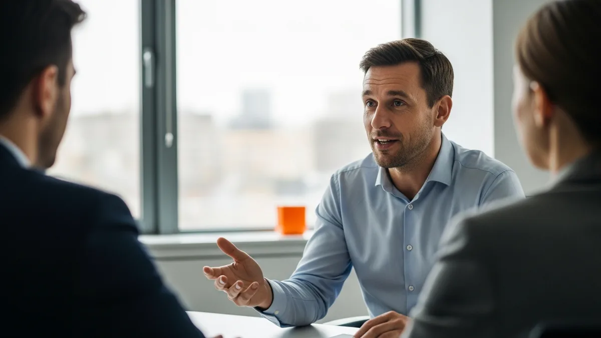 Senior product manager candidate gesturing while answering a question during a job interview with two interviewers