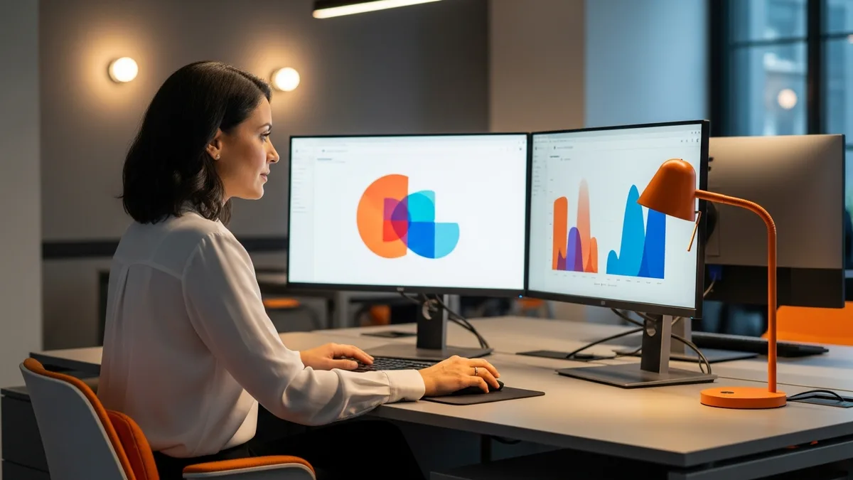 Senior product manager analyzing product analytics dashboards on dual monitors