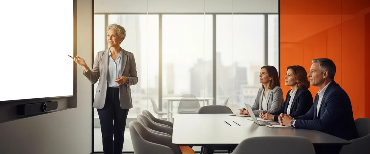 Senior product manager presenting a product roadmap to executives in a modern conference room