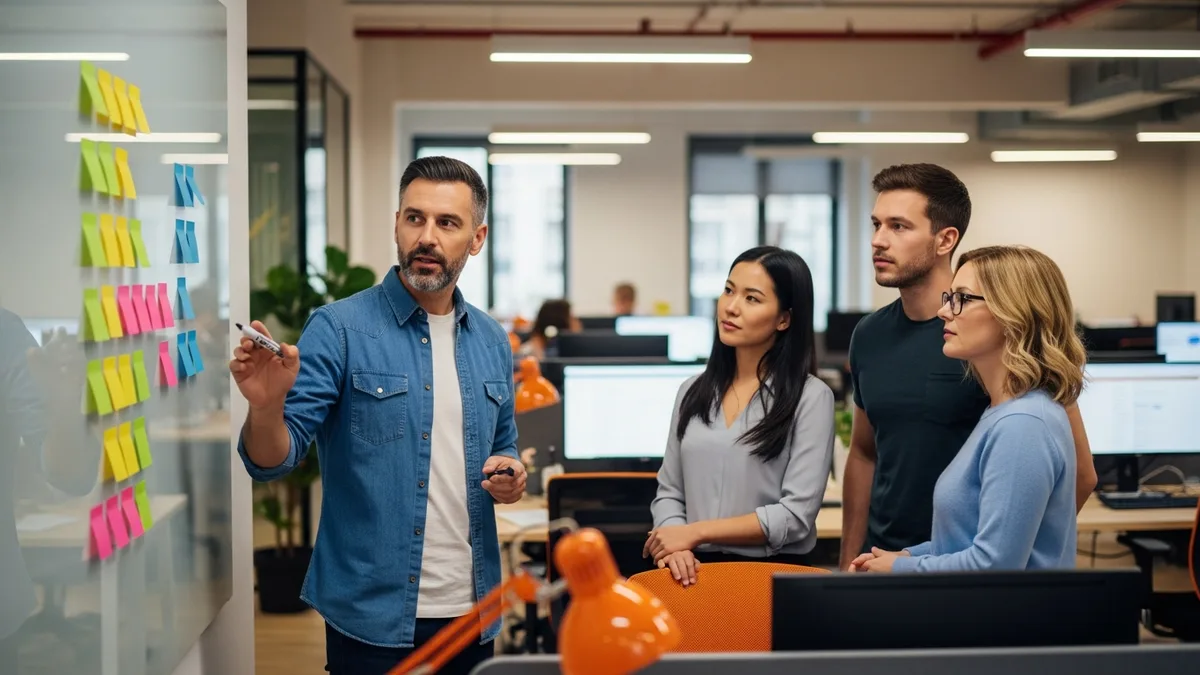 Senior product manager leading a roadmap review at a whiteboard with engineers and a designer