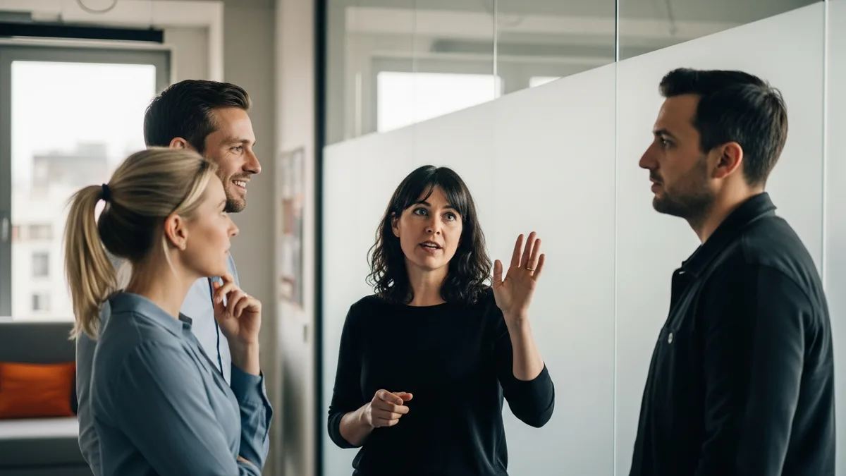 Product team standing in an animated discussion in a modern office, one manager mid-gesture making a point