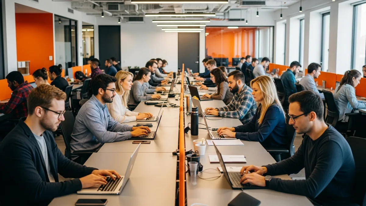 Open-plan office full of senior software engineers illustrating the 2026 generalist talent glut