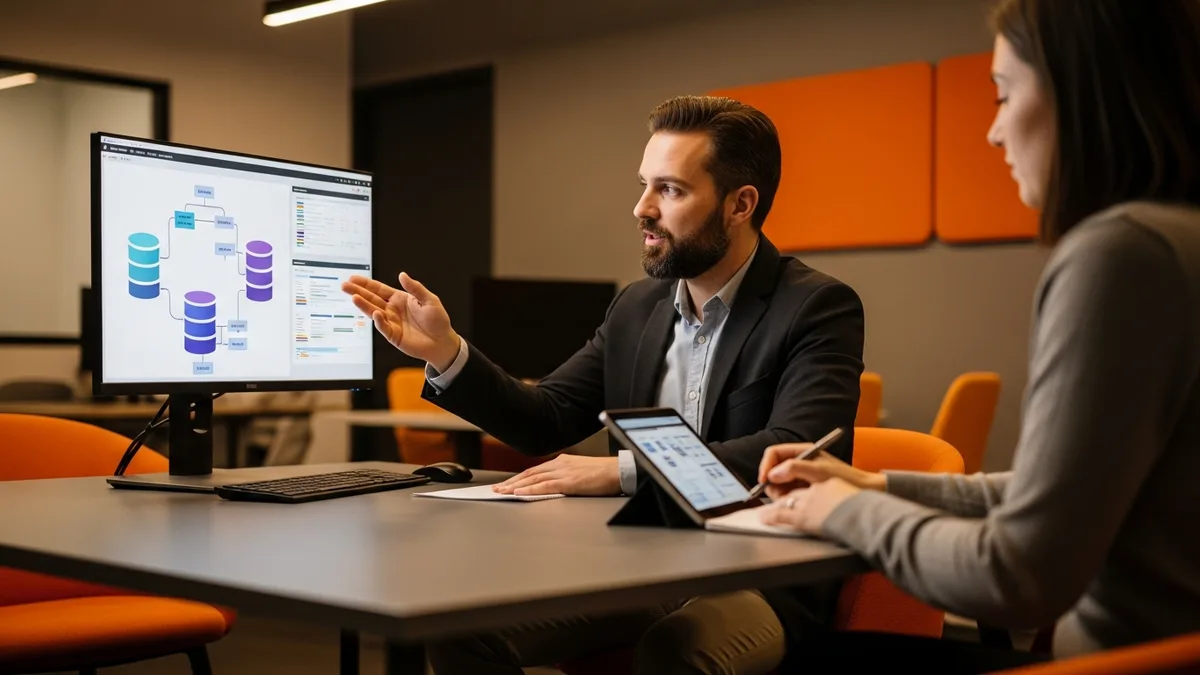 Snowflake engineer candidate explaining a database schema diagram to an interviewer during a technical interview