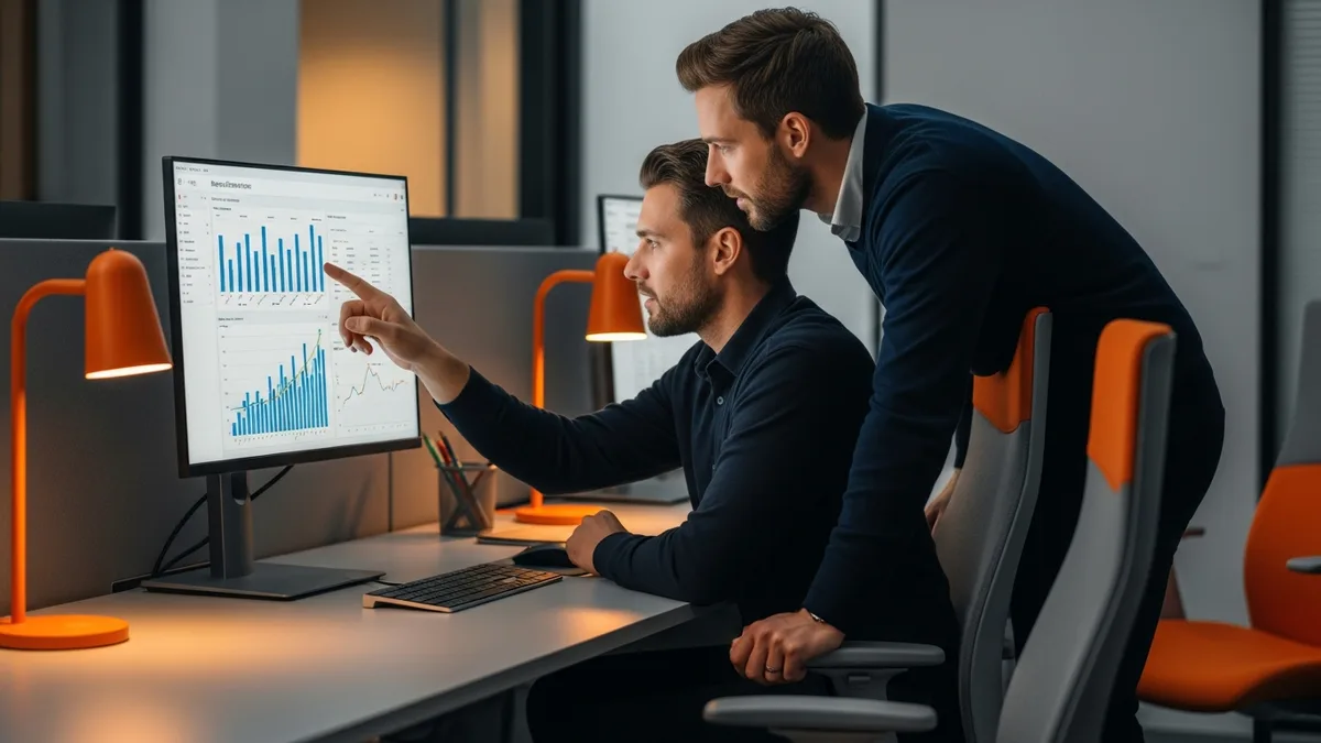 Two engineers reviewing a Snowflake warehouse performance and cost dashboard on a monitor